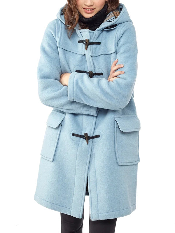 Classic Fit Baby Blue Duffle Wool Coat For Women