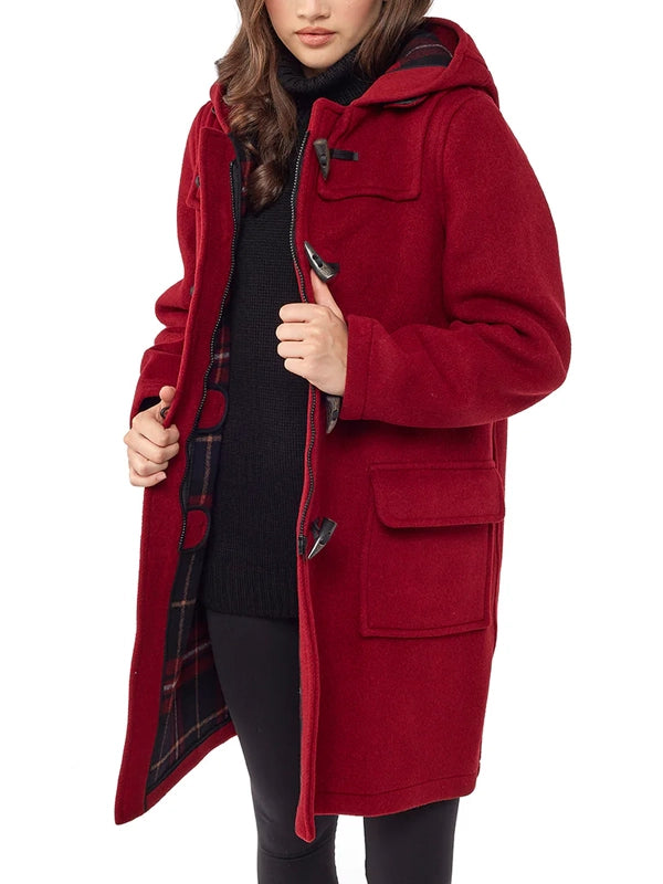 Classic Fit Burgundy Wool Duffle Coat for Women