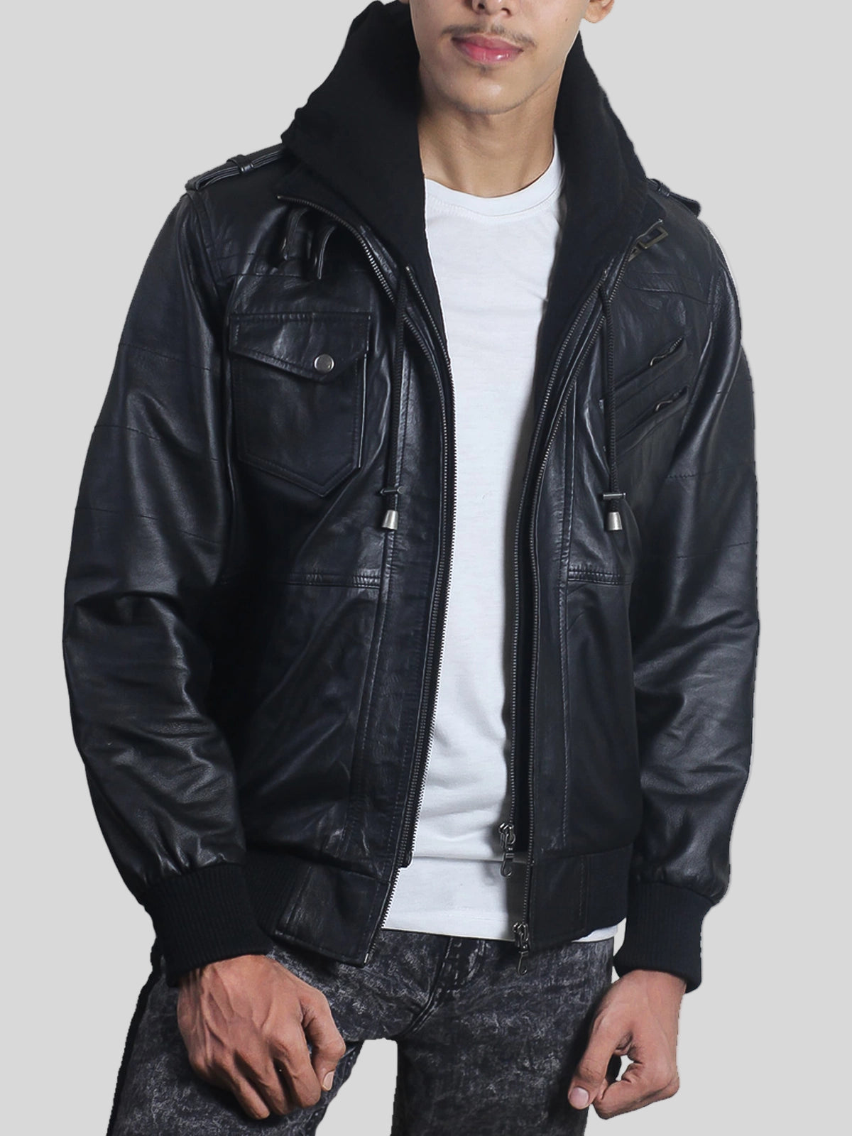 Classic Men’s Black Leather Bomber Jacket with Hood