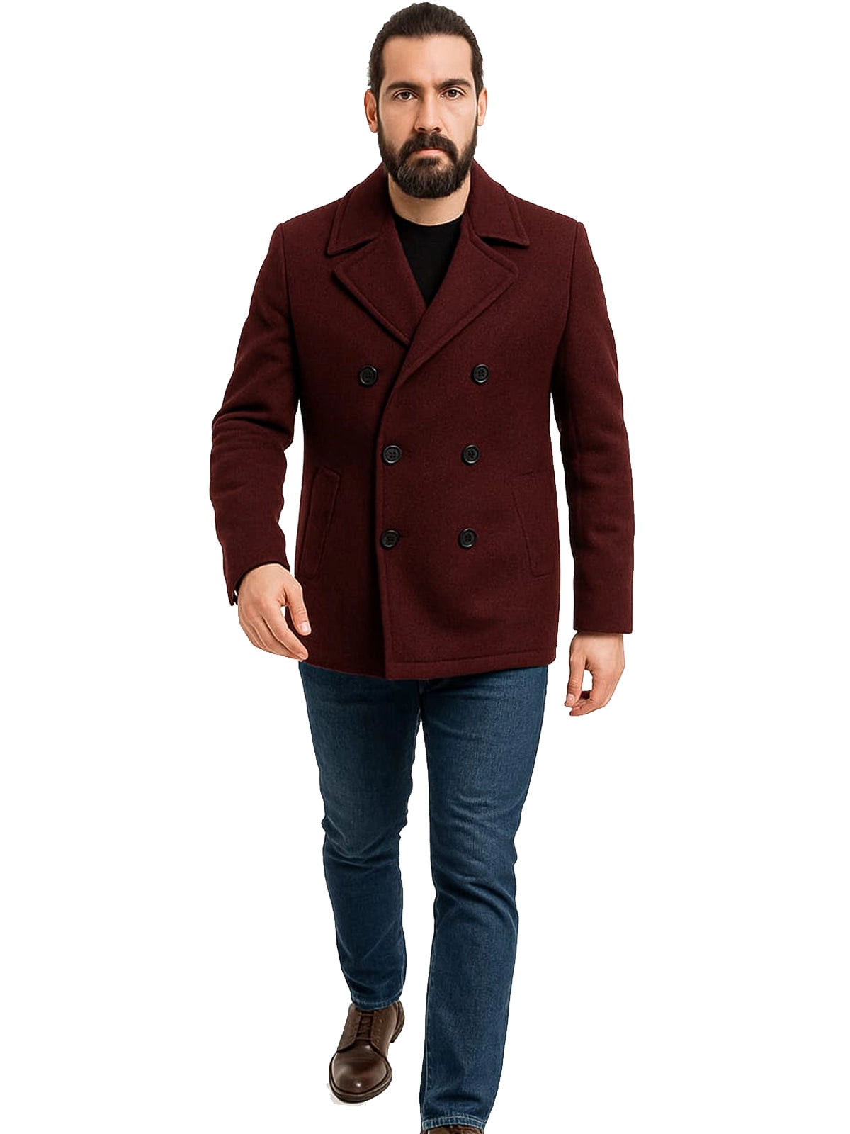Classic Men's Burgundy Wool Peacoat