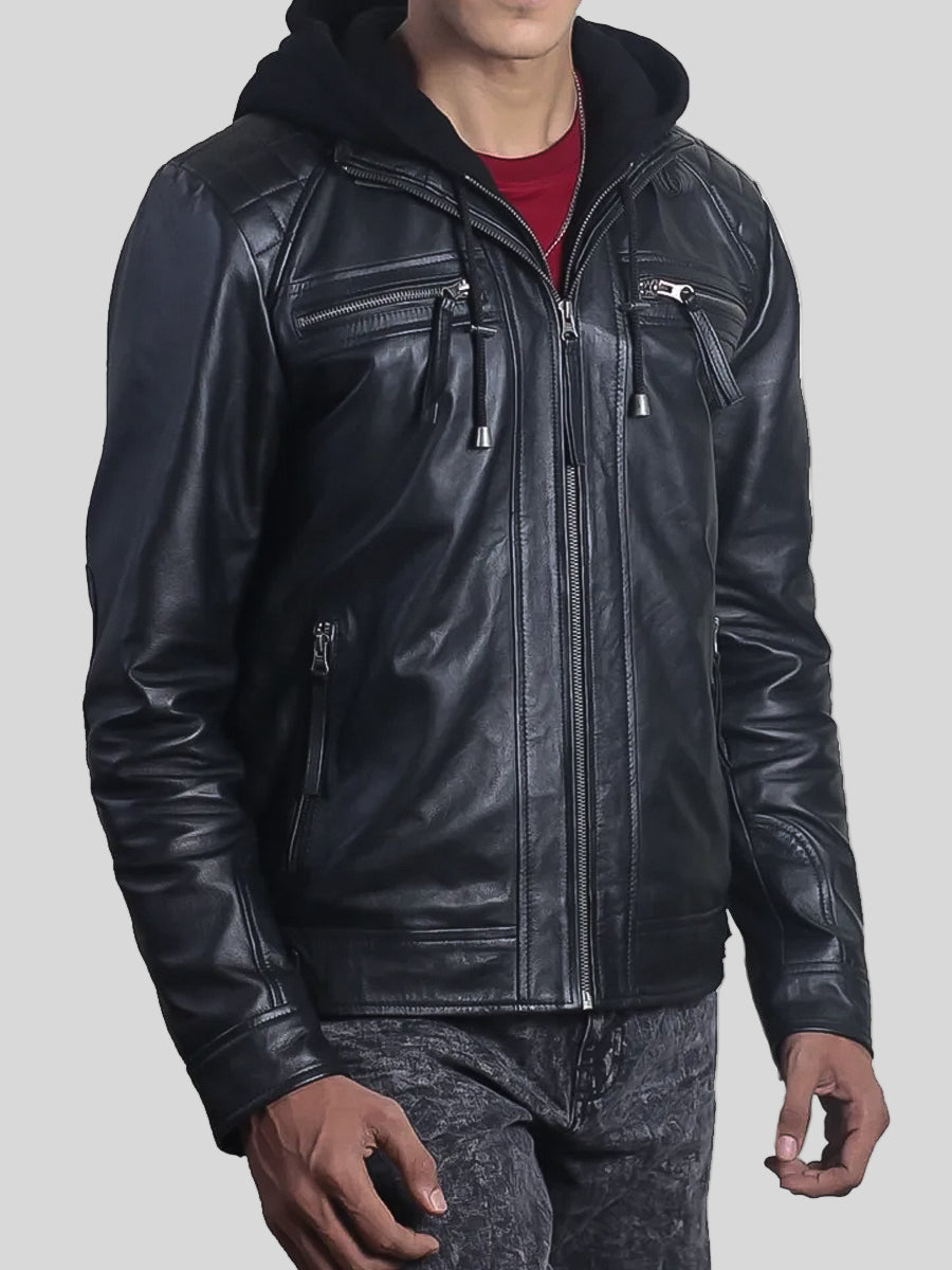 Classic Men’s Diamond Black Leather Jacket with Detachable Hood
