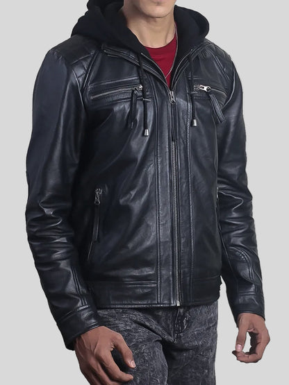 Classic Men’s Diamond Black Leather Jacket with Detachable Hood