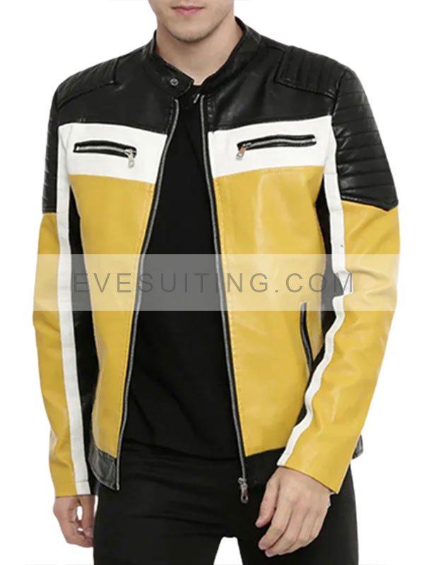 Color Block Quilted Leather Yellow, White & Black Jacket 