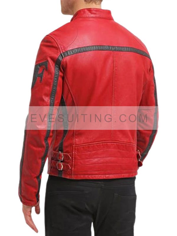 Columbus Red Cafe Racer Leather Biker Jacket For Mens