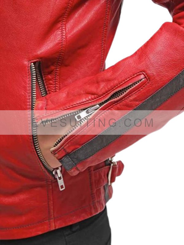 Columbus Red Leather Biker Jacket For Mens