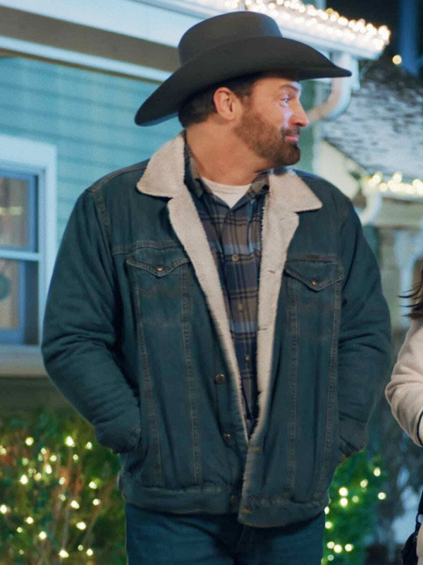 Corey Henderson Movie Christmas on the Ranch 2024 Houston Rhines Blue Denim Shearling Jacket