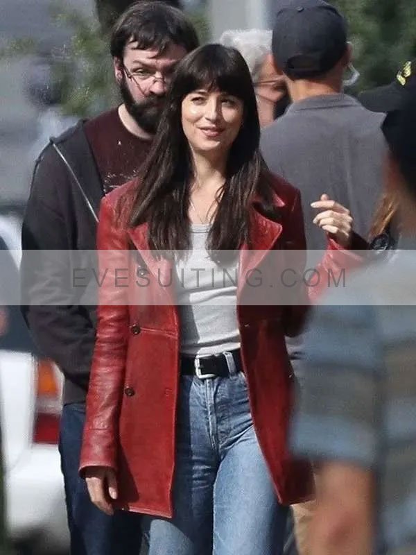 Dakota Johnson Madame Web 2024 Red Waxed Leather Coat