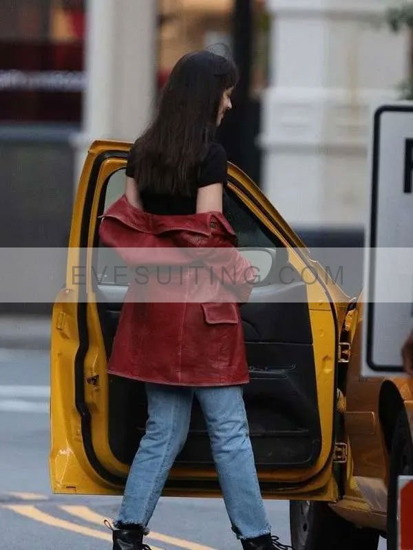 Dakota Johnson Red Waxed Leather Coat