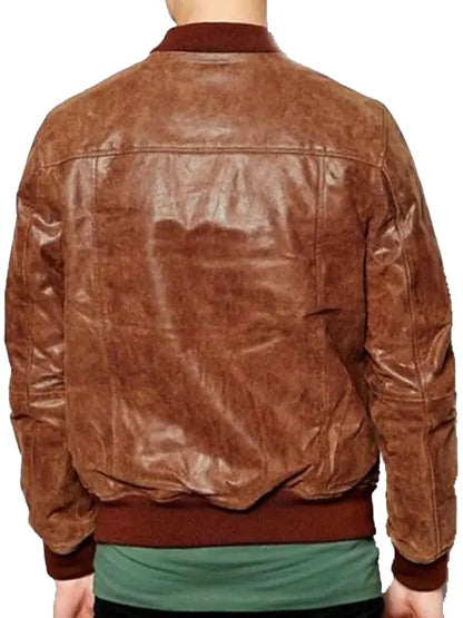 Dark Brown Waxed Bomber Leather Jacket For Men