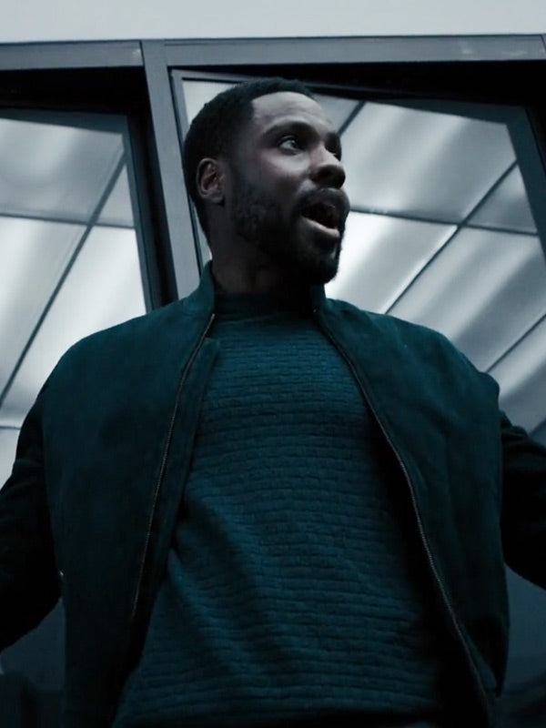 Dayo Okeniyi Dark Matter 2024 Leighton Vance Black Suede Bomber Jacket