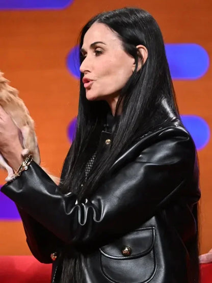 Demi Moore The Substance 2024 The Graham Norton Show Elisabeth Sparkle Black Leather Jacket