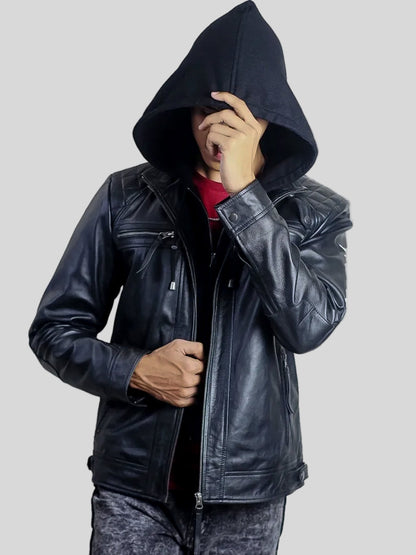Diamond Black Leather Jacket with Hood For Men