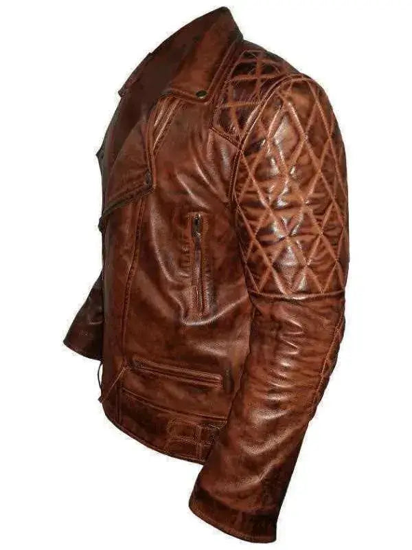 Diamond Quilted Vintage Leather Biker Brown Jacket
