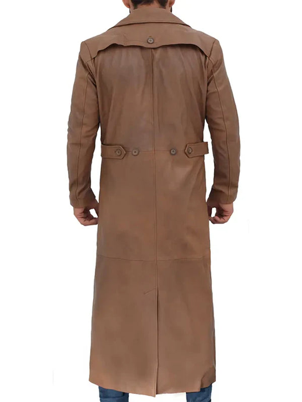 Distressed Brown Leather Long Trench Coat For Men