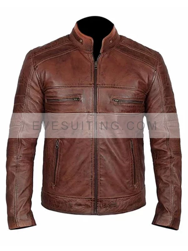 Distressed Brown Motorcycle Leather Jacket For Men's