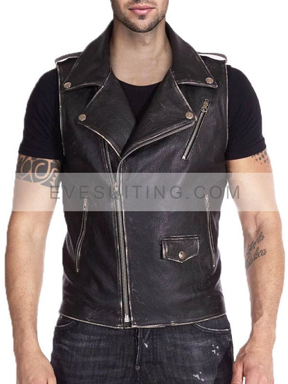 Men's Distressed Leather Biker Vest