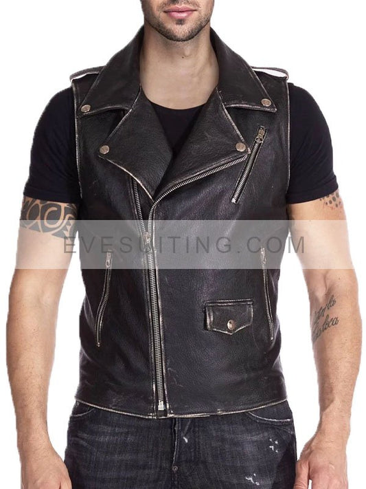 Men's Distressed Leather Biker Vest