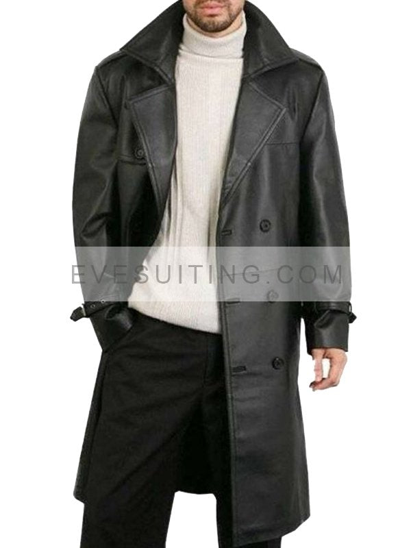 Double Breasted Belted Black Leather Trench Coat