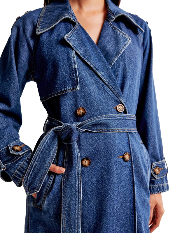 Double-Breasted Belted Denim Trench Coat For Women