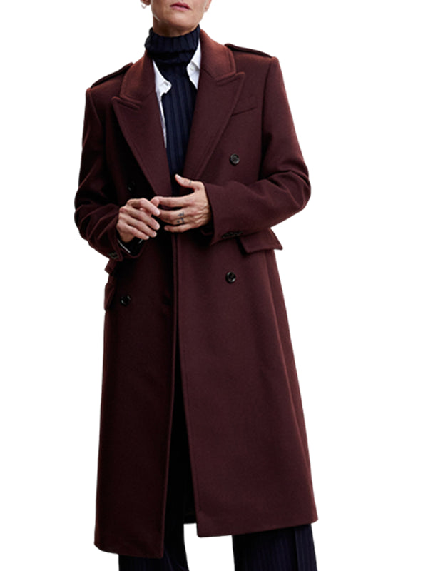Double Breasted Belted Maroon Polo Coat For Women's