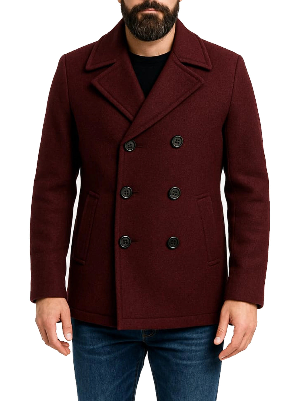Double Breasted Burgundy Wool Peacoat For Men
