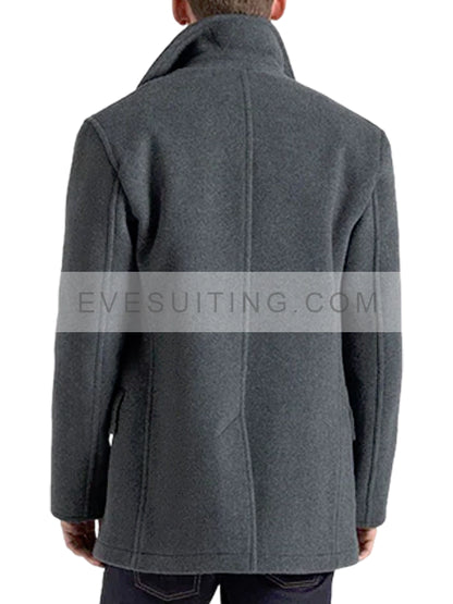 Double Breasted Grey Wool Peacoat For Men's