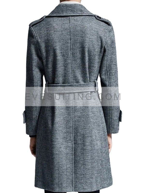 Double Breasted Herringbone Gray Wool Coat