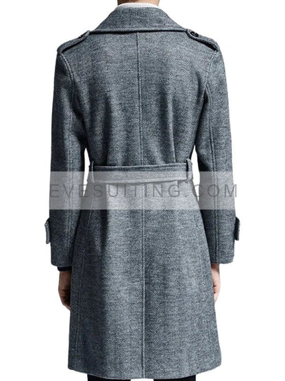 Double Breasted Herringbone Gray Wool Coat