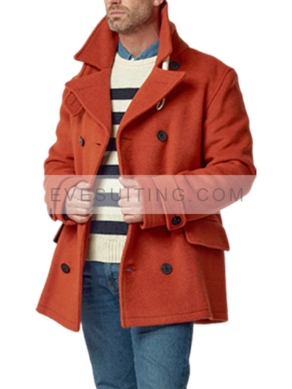 Double Breasted Orange Wool Peacoat For Men's