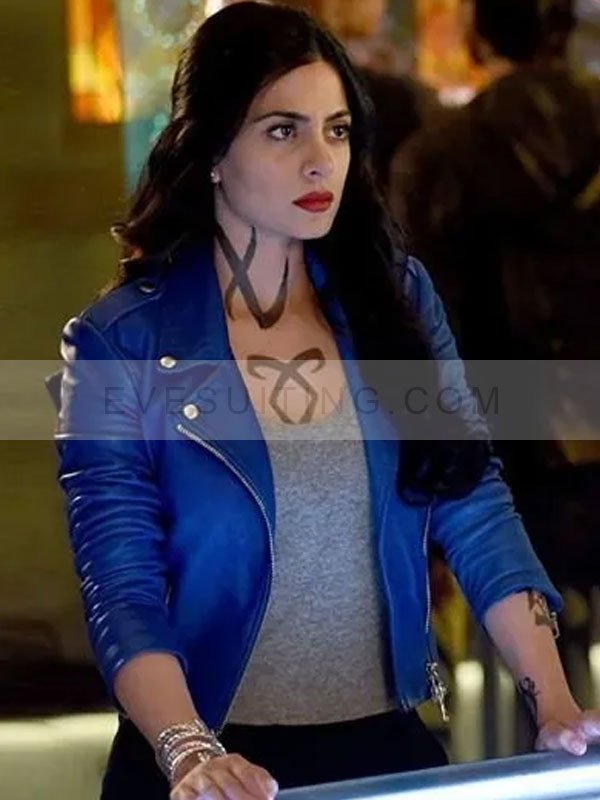 Emeraude Toubia Shadowhunters Isabelle Lightwood Blue Leather Jacket