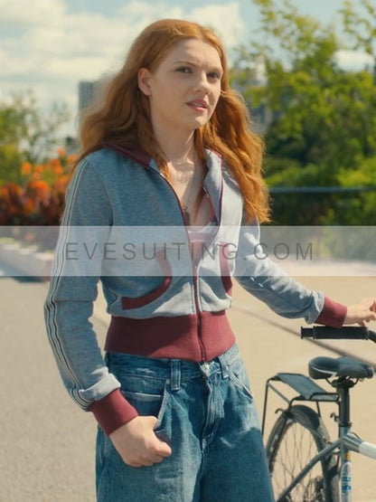 Emily Carey Geek Girl 2024 Harriet Manners Gray Bomber Cropped Jacket