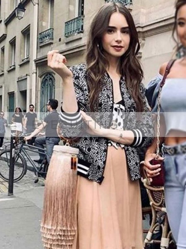 Emily In Paris Emily Cooper Black And White Printed Bomber Jacket