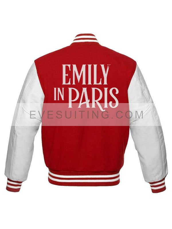 Emily In Paris Red And White Varsity Bomber Jacket
