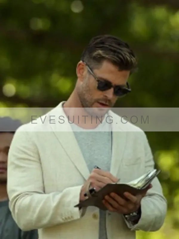 Escape From Spiderhead 2022 Chris Hemsworth White Suiting Blazer