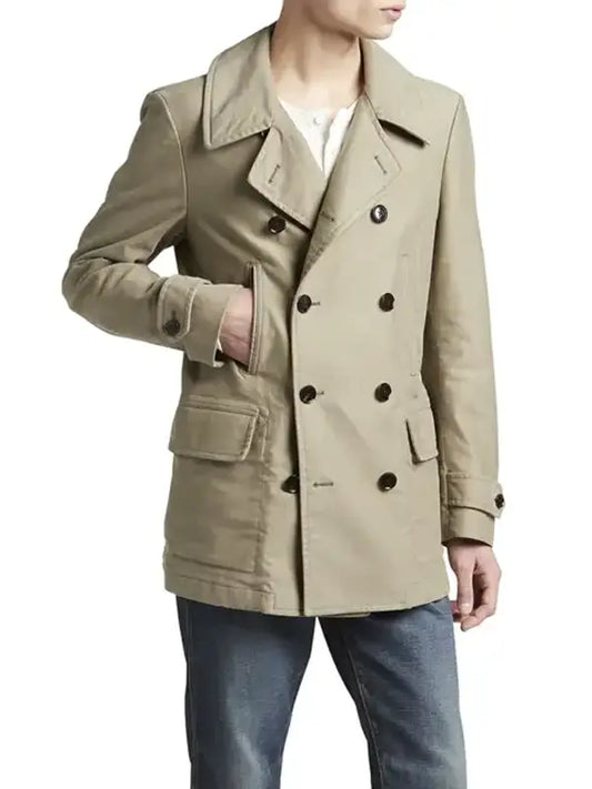 Ethan Men's Double Breasted Beige Cotton Peacoat