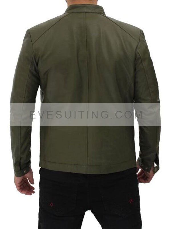 Fano Olive Green Moto Biker Zip-Up Leather Jacket