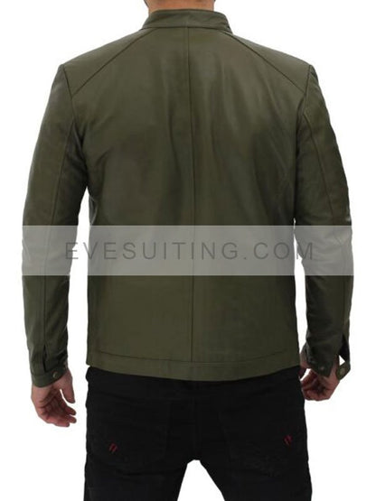 Fano Olive Green Moto Biker Zip-Up Leather Jacket