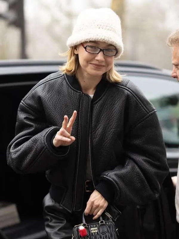 Gigi Hadid Paris Fashion Week 2025 Black Leather Bomber Jacket
