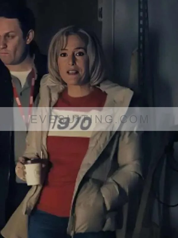 Gillian Anderson Movie Scoop 2024 Emily Maitlis Beige Puffer Jacket