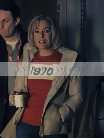 Gillian Anderson Movie Scoop 2024 Emily Maitlis Beige Puffer Jacket