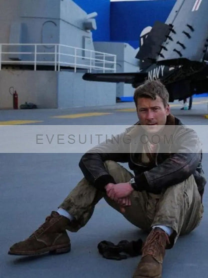 Glen Powell Devotion 2022 Tom Hudner Leather Jacket