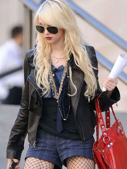 Gossip Girl Taylor Momsen  Black Leather Biker Jacket
