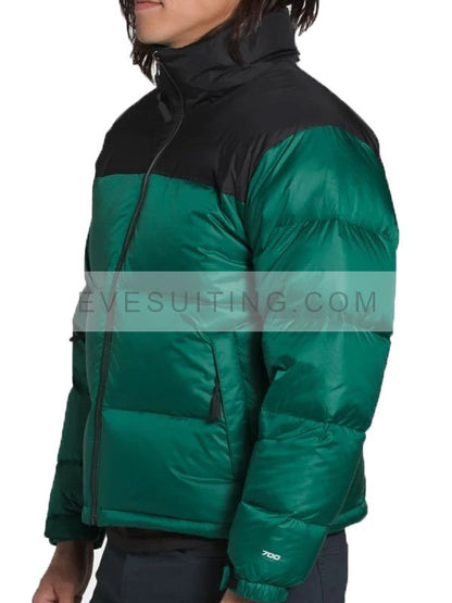 Green & Black Puffer Jacket With Removable Hood