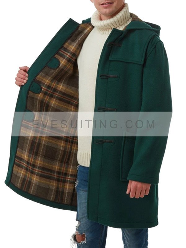 Green Classic Fit Hooded Duffle Coat For Men's
