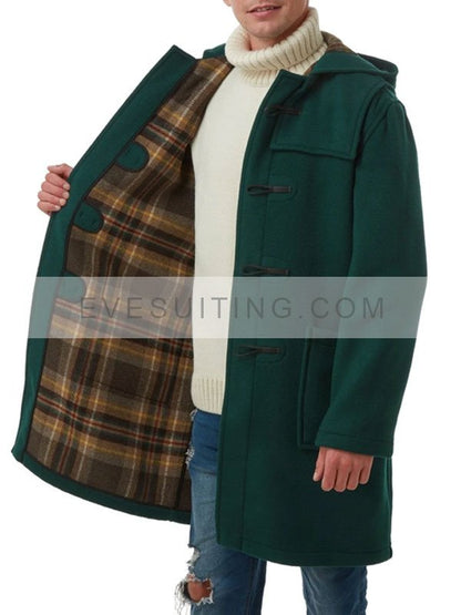 Green Classic Fit Hooded Duffle Coat For Men's