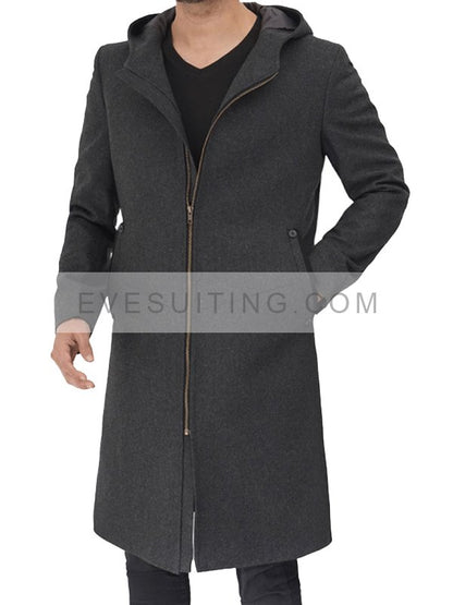 Grey Hooded Wool Trench Coat Mens