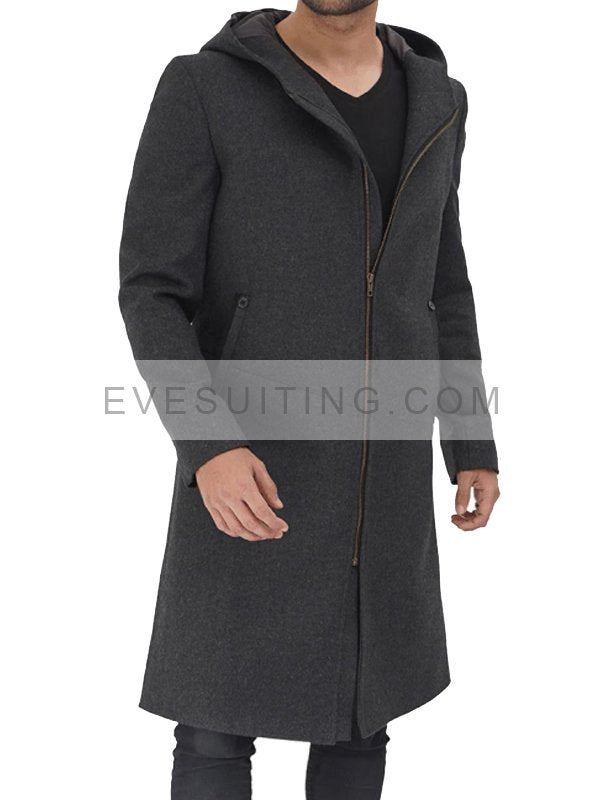 Grey Hooded Wool Trench Coat