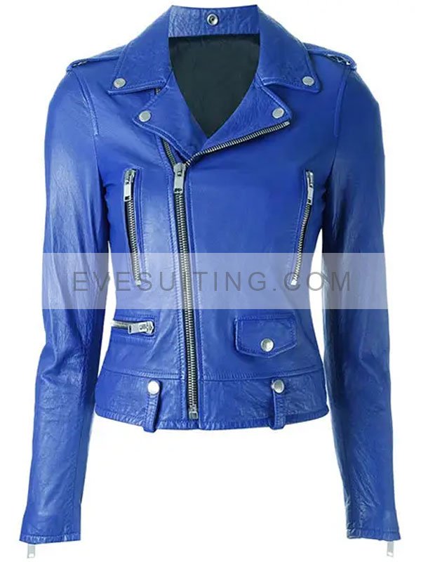 Hailey Baldwin Blue Leather Biker Jacket