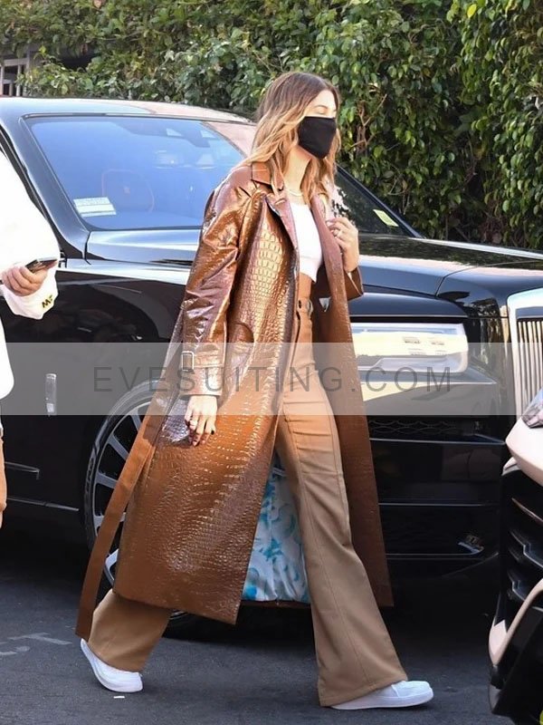 Hailey Bieber Leather Brown Trench Coat