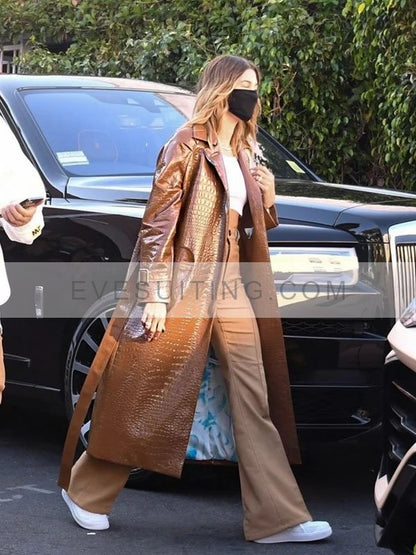 Hailey Bieber Leather Brown Trench Coat